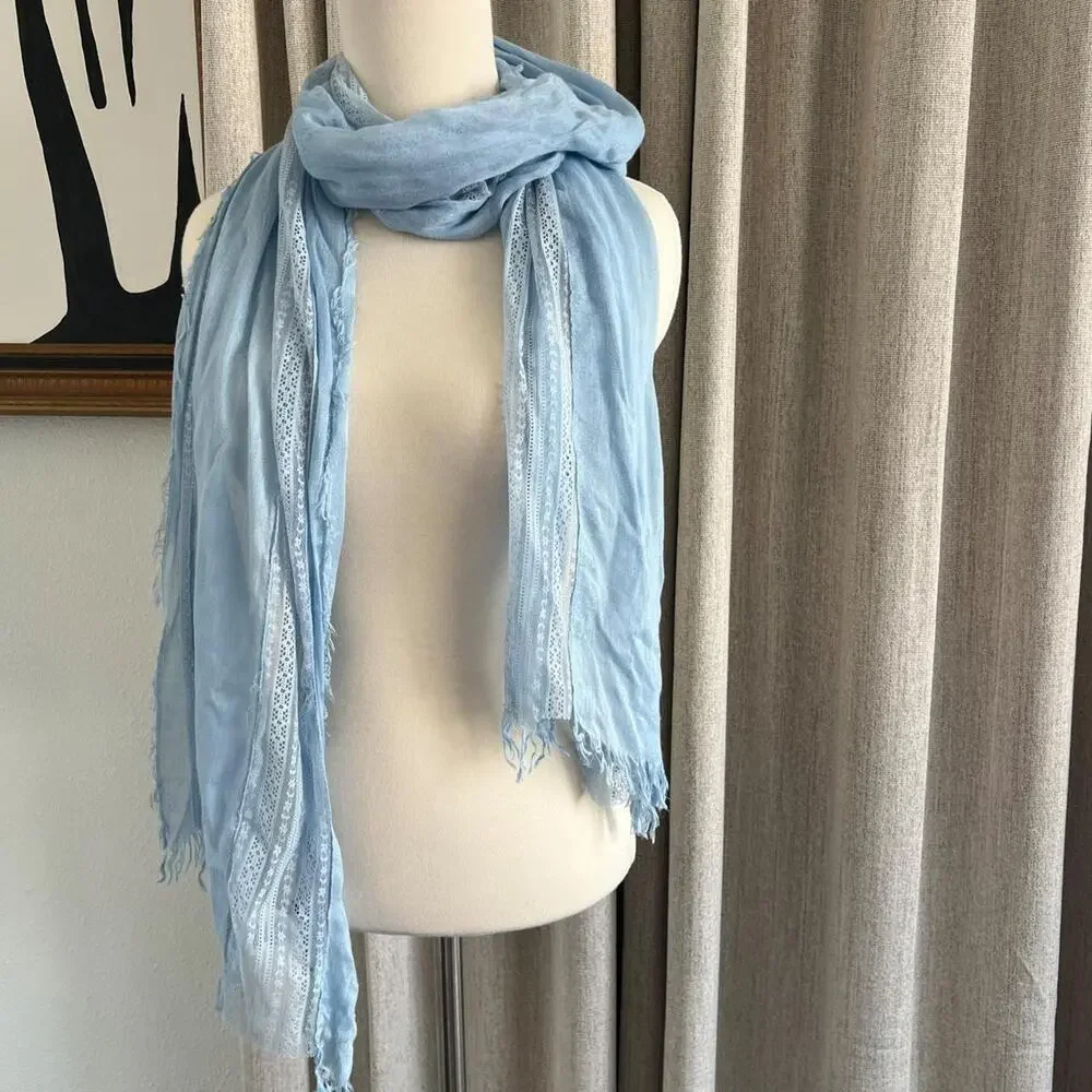 Maurices Light Blue Scarf Lace Panel Fringe Hem Lightweight Rayon NWT Women's OS